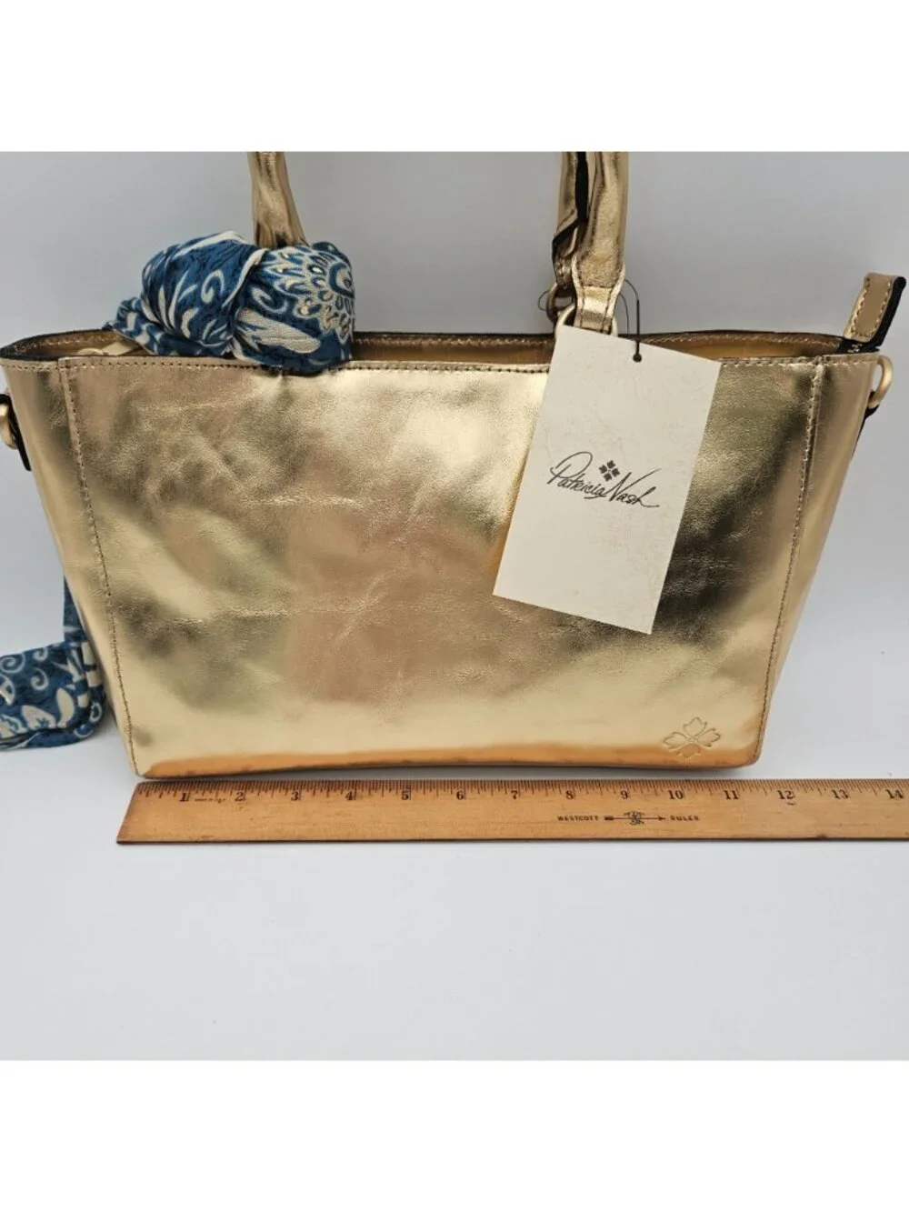 Patricia Nash Tote Shoulder Metallic Leather Handbag Aileen Greek Gold Scarf NWT